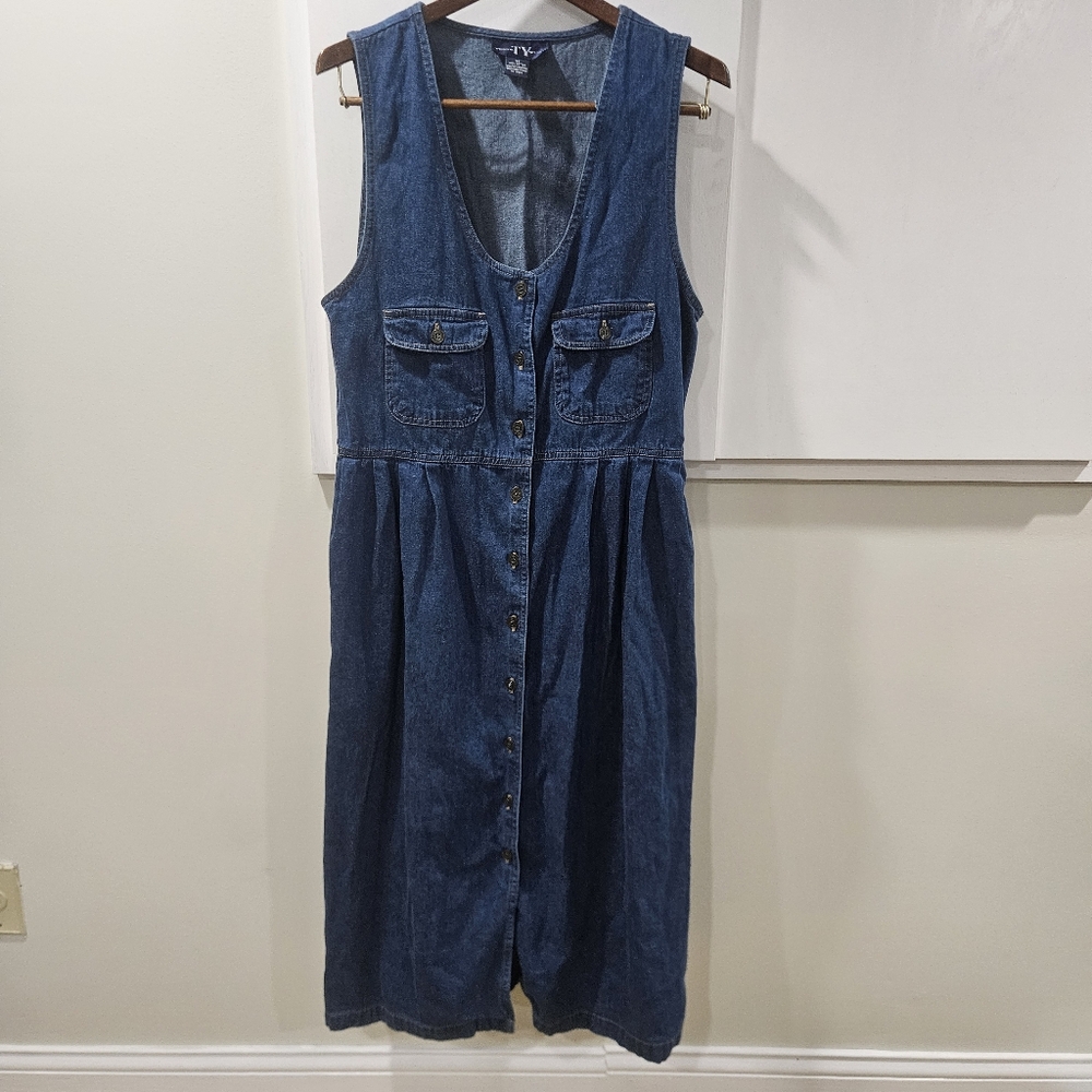 Vtg Denim Maxi Dress 14 90s Overall Jumper Prairie Cottagecore Modest Country